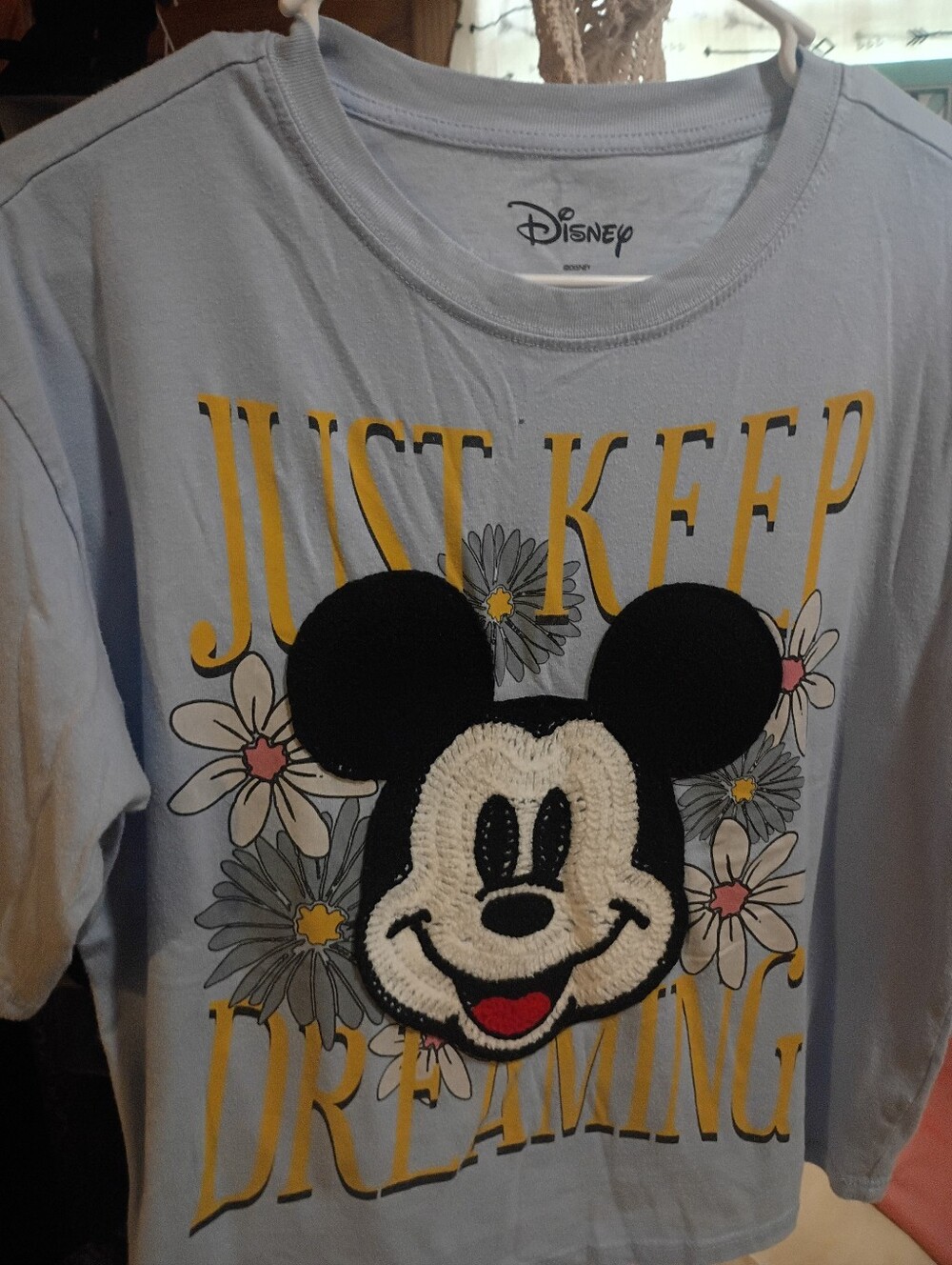 Disney Light Blue Tee with Mickey Patch & Yellow Lettering Junior Size 7-9